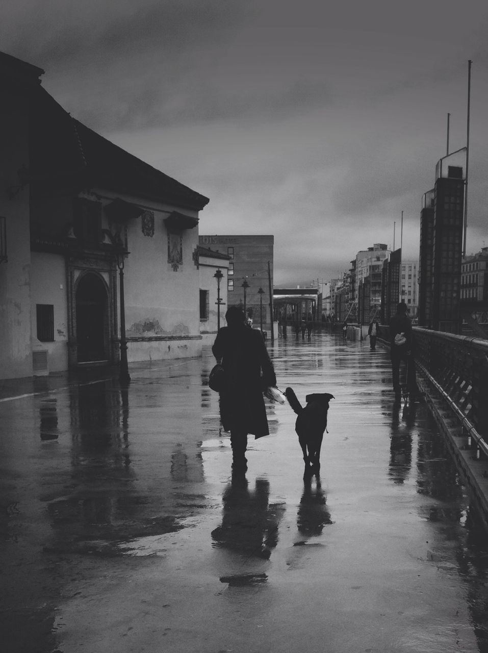 architecture, built structure, building exterior, walking, water, full length, lifestyles, city, men, sky, wet, reflection, city life, rear view, street, person, weather, rain