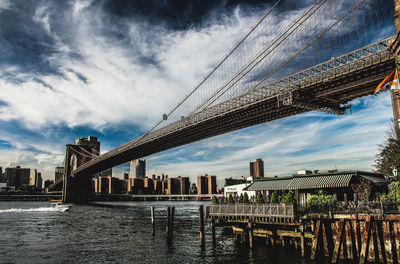 Bridge over river with buildings in background