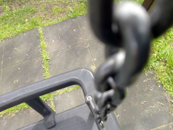 High angle view of bicycle wheel in park