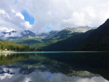 Scenic view of lake and mountains against sky