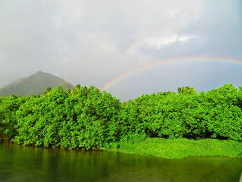 Scenic view of rainbow over lake against sky