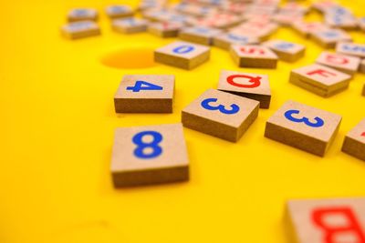 Close-up of numbers on yellow surface