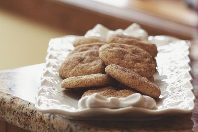 Close-up of food in tray on table