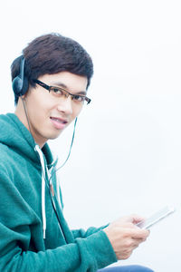 Man with headset against white background