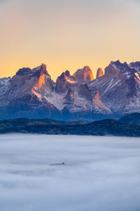 Scenic view of snowcapped mountains against sky during sunset
