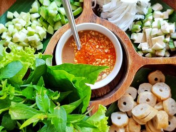 High angle view of chopped vegetables in bowl