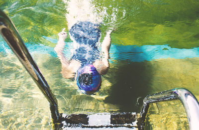 High angle view of women swimming underwater