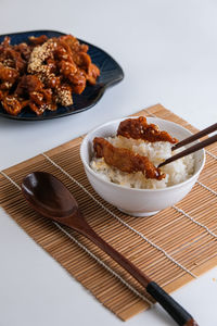 High angle view of food in plate on table