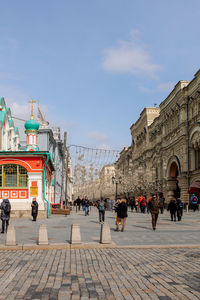 View of kazan cathedral and walking street on red square, moscow, russia.