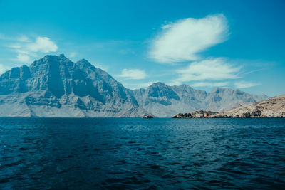 Scenic view of sea and snowcapped mountains against blue sky