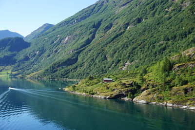 Scenic view of lake by trees against sky