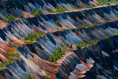 Full frame shot of rock formations in quarry. copper and gold mine