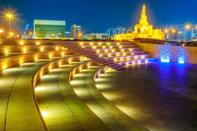 Illuminated city buildings at night