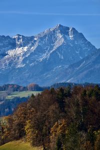 Scenic view of snowcapped mountains against sky