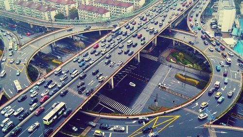 High angle view of traffic on bridge in city