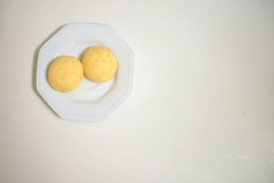 High angle view of food on white table