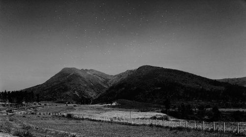 Scenic view of field and mountains against clear sky