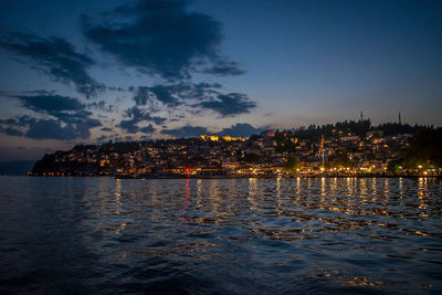 View of city at waterfront during sunset