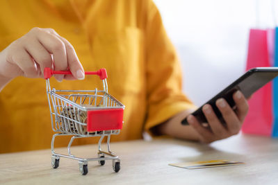 Midsection of woman using mobile phone