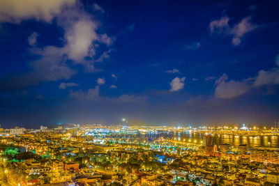 High angle view of illuminated cityscape against sky