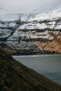 Scenic view of lake by snowcapped mountain against sky