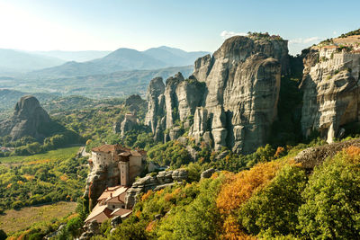 Panorama of meteora orthodox churches on the tops of rocks, monasteries on height