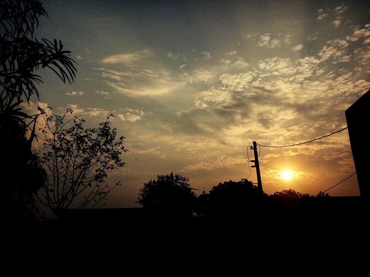 silhouette, sunset, sky, tree, tranquility, beauty in nature, tranquil scene, scenics, nature, cloud - sky, dark, electricity pylon, low angle view, power line, idyllic, dusk, electricity, sun, cloud, bare tree