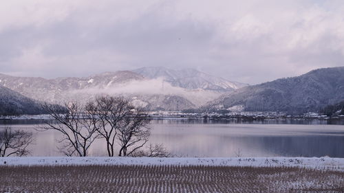 Scenic view of lake and snowcapped mountains against sky