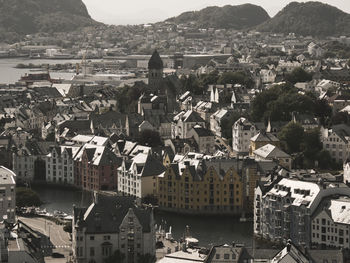 High angle view of buildings in Ålesund 