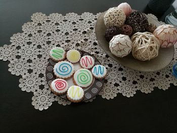 High angle view of cupcakes on table