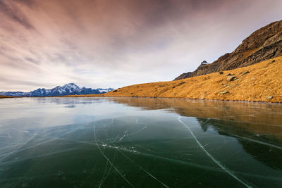 Scenic view of lake and mountains against sky