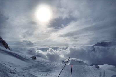 Aerial view of snow covered landscape against sky