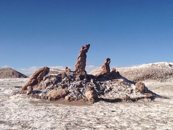 Low angle view of rock formation against clear blue sky