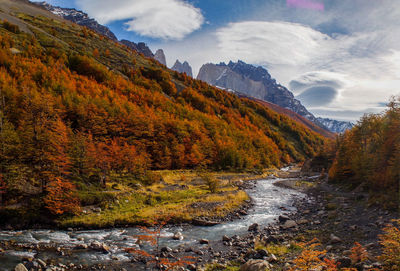 Scenic view of mountains against sky during autumn