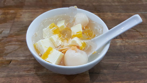 Close-up of soup in bowl on table