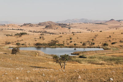 Scenic view of field and mountains against clear sky