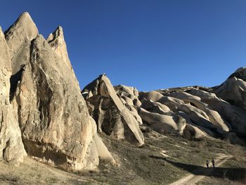 Low angle view of rock formations against clear blue sky