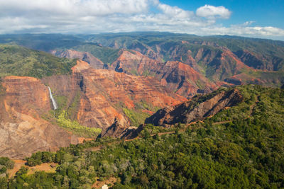 Aerial view of waimea canyon with waipoo falls on the hawaiian island of kauai, usa