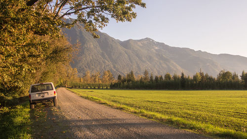 Road amidst field against clear sky