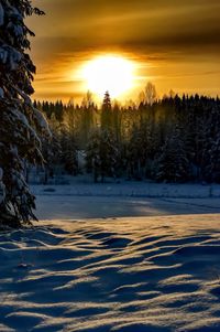 Scenic view of snow covered field at sunset