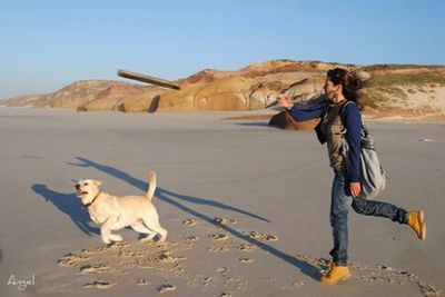 Full length of woman with dog in mouth