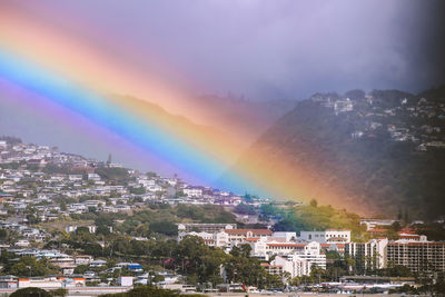 Rainbow over buildings in city against sky