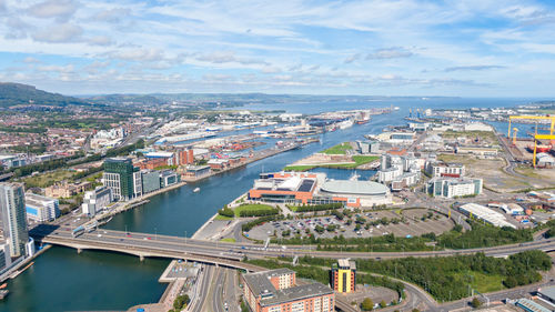 High angle view of cityscape against sky