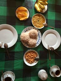 High angle view of breakfast on table