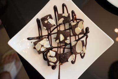 High angle view of chocolate cake on table