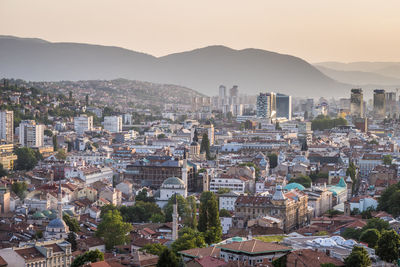 High angle view of buildings in city