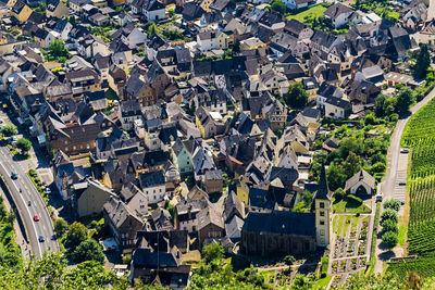 High angle view of houses in town