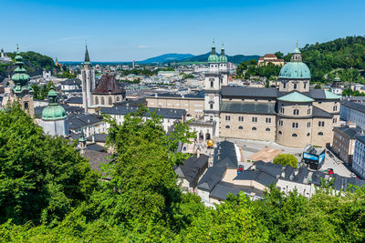 High angle view of buildings in town