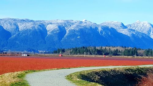 Scenic view of mountains against clear blue sky