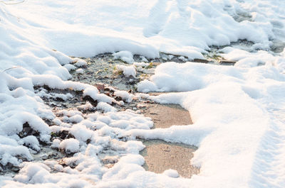 High angle view of snow covered land